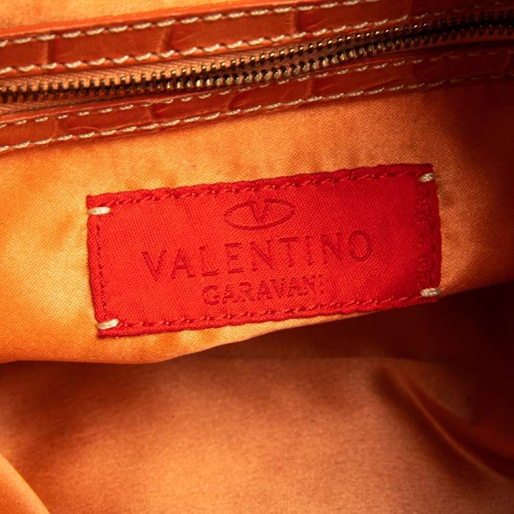 Pre Owned Valentino Beige/Orange Croc Embossed Leather and Straw Catch Hobo