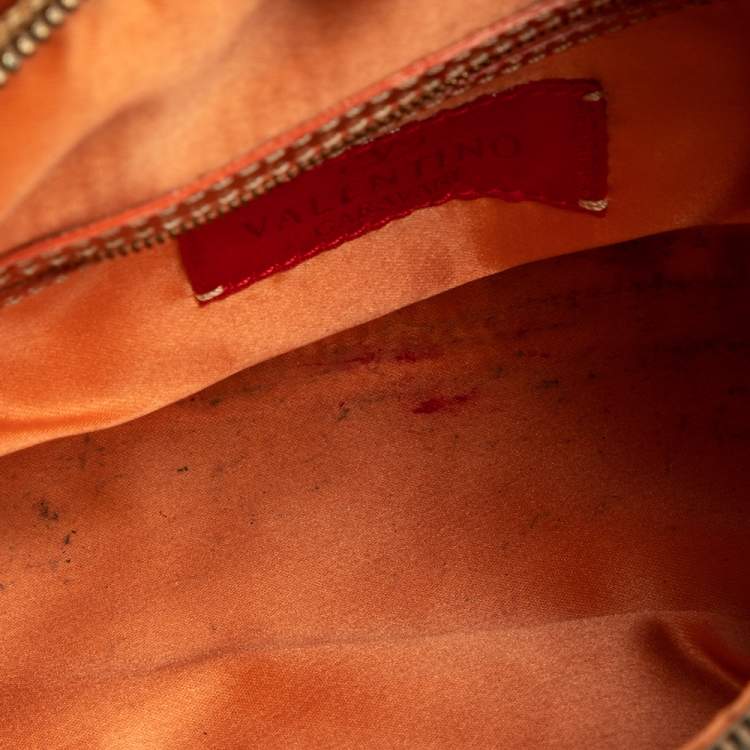 Pre Owned Valentino Beige/Orange Croc Embossed Leather and Straw Catch Hobo