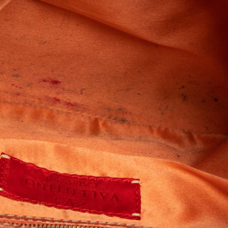 Pre Owned Valentino Beige/Orange Croc Embossed Leather and Straw Catch Hobo