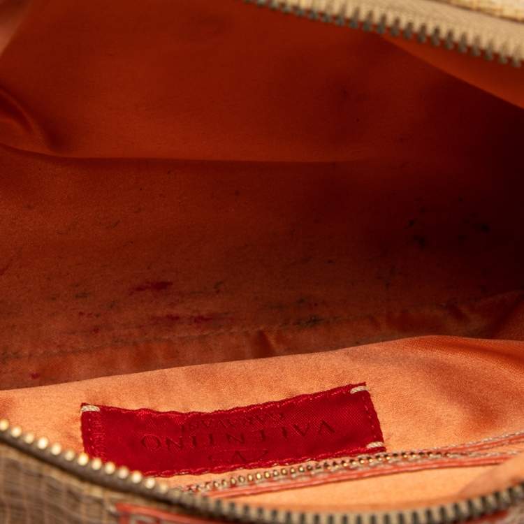 Pre Owned Valentino Beige/Orange Croc Embossed Leather and Straw Catch Hobo