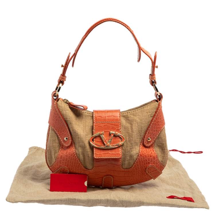 Pre Owned Valentino Beige/Orange Croc Embossed Leather and Straw Catch Hobo