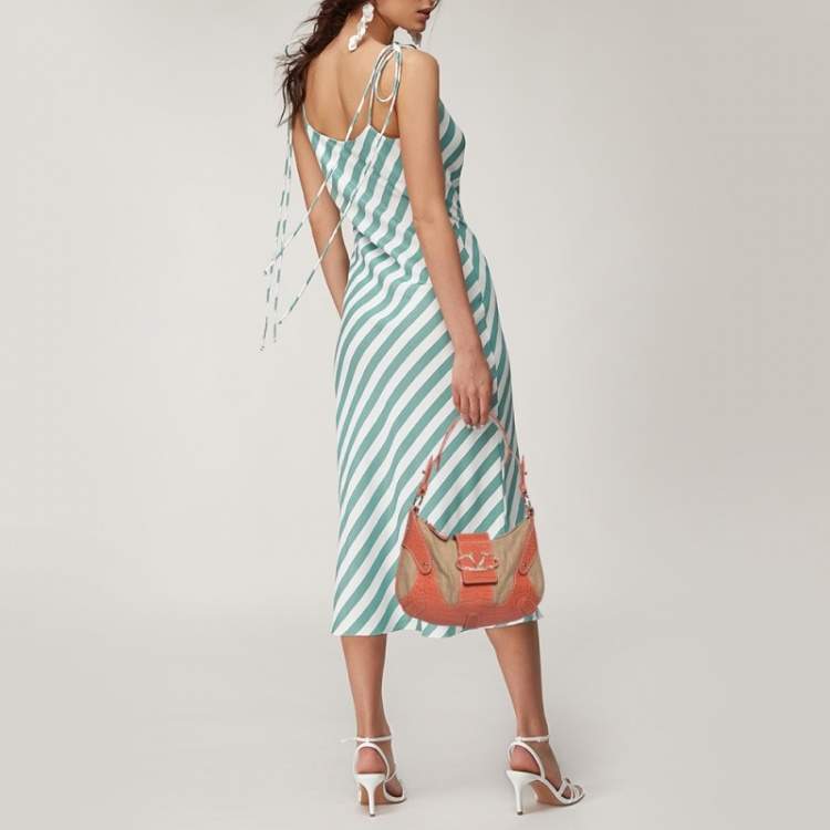 Pre Owned Valentino Beige/Orange Croc Embossed Leather and Straw Catch Hobo