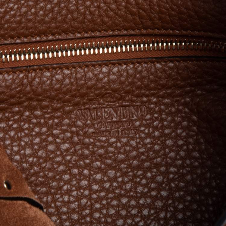 Pre Owned Valentino Brown Pebbled Leather Rockstud Flip Lock Messenger Bag