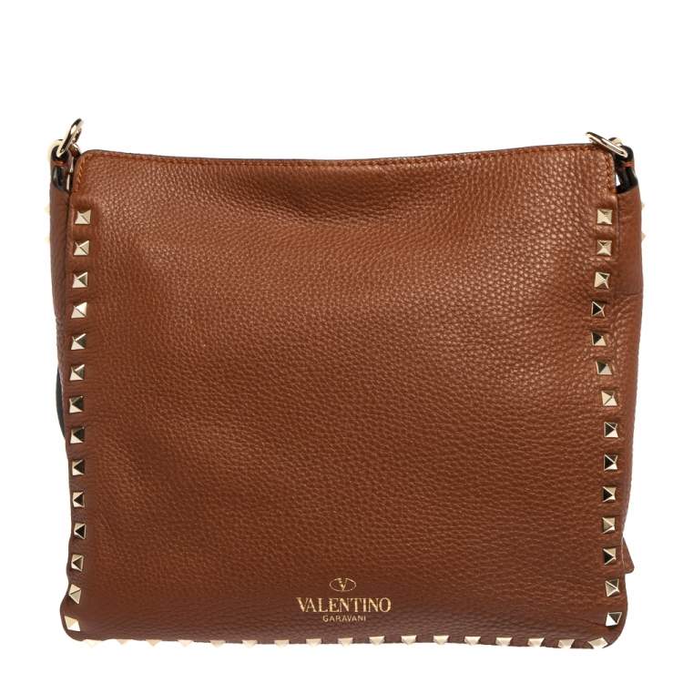 Pre Owned Valentino Brown Pebbled Leather Rockstud Flip Lock Messenger Bag