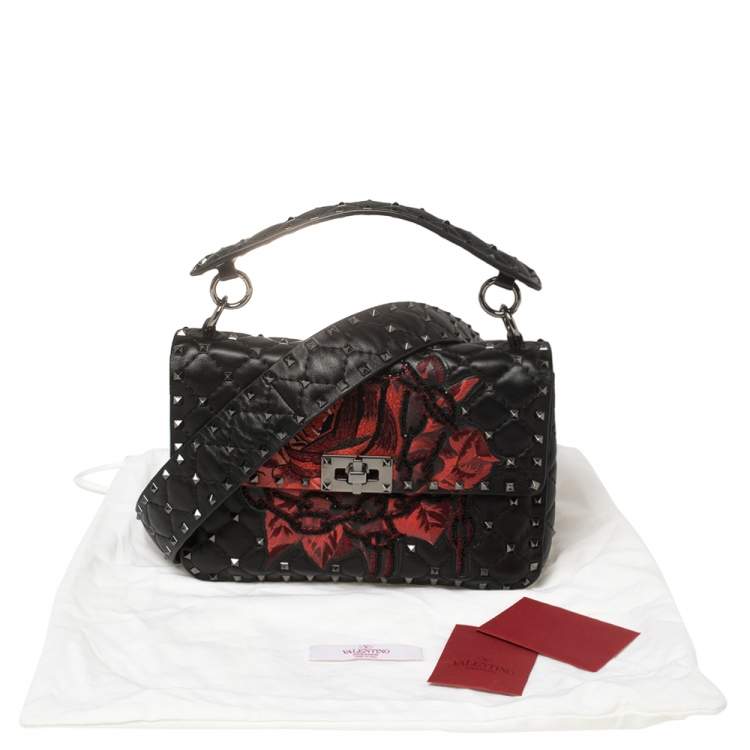 Pre Owned Valentino Black Embroidered Beaded Leather Medium Rockstud Spike Top Handle Bag