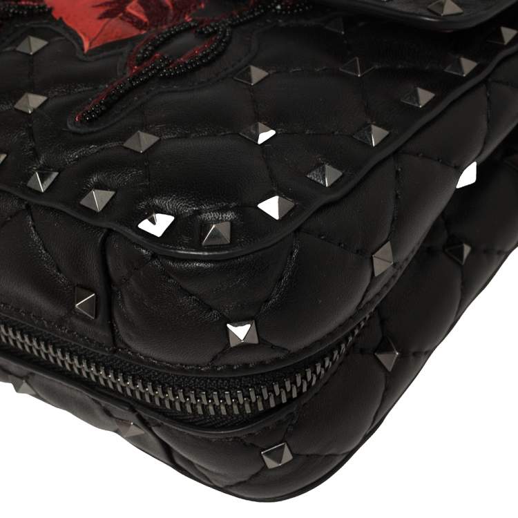Pre Owned Valentino Black Embroidered Beaded Leather Medium Rockstud Spike Top Handle Bag