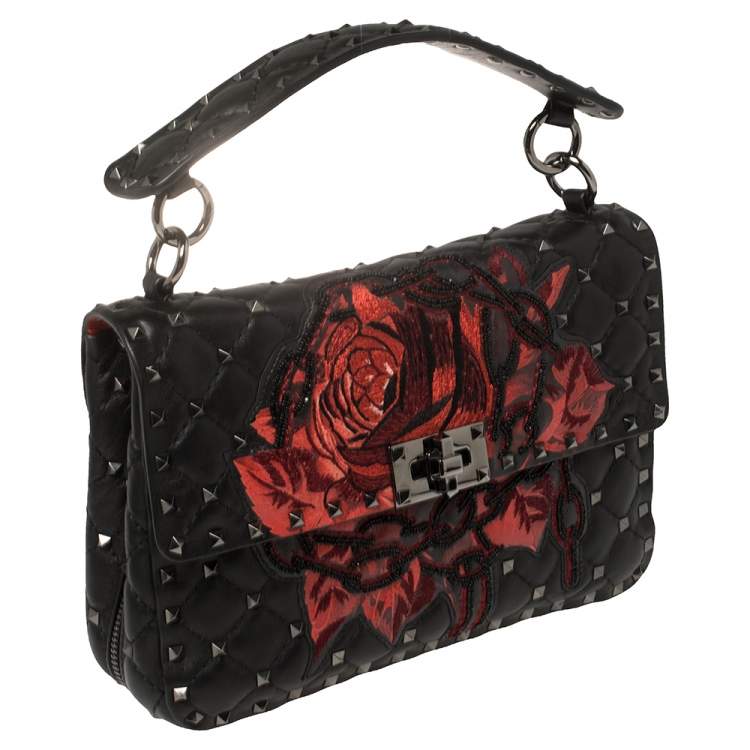 Pre Owned Valentino Black Embroidered Beaded Leather Medium Rockstud Spike Top Handle Bag