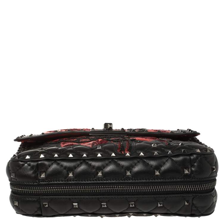 Pre Owned Valentino Black Embroidered Beaded Leather Medium Rockstud Spike Top Handle Bag