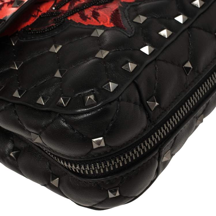 Pre Owned Valentino Black Embroidered Beaded Leather Medium Rockstud Spike Top Handle Bag