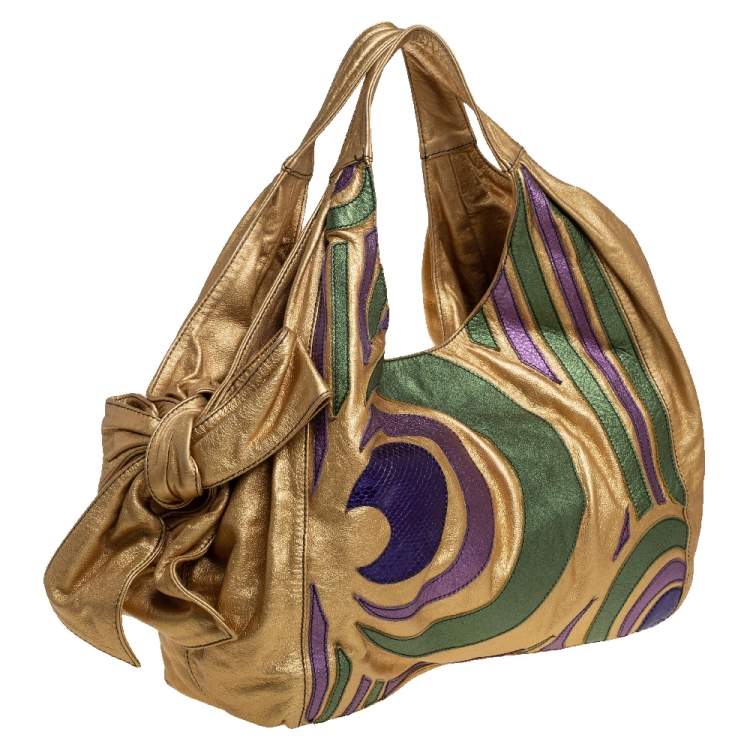 Pre Owned Valentino Metallic Multicolor Spiral Patch Leather and Snakeskin Embossed Nuage Bow Tote