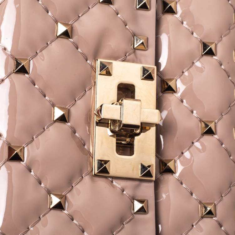 Pre Owned Valentino Nude Beige Patent Leather Rockstud Spike Top Handle Bag