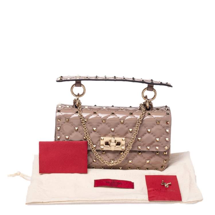 Pre Owned Valentino Nude Beige Patent Leather Rockstud Spike Top Handle Bag
