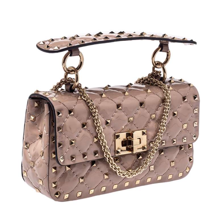 Pre Owned Valentino Nude Beige Patent Leather Rockstud Spike Top Handle Bag