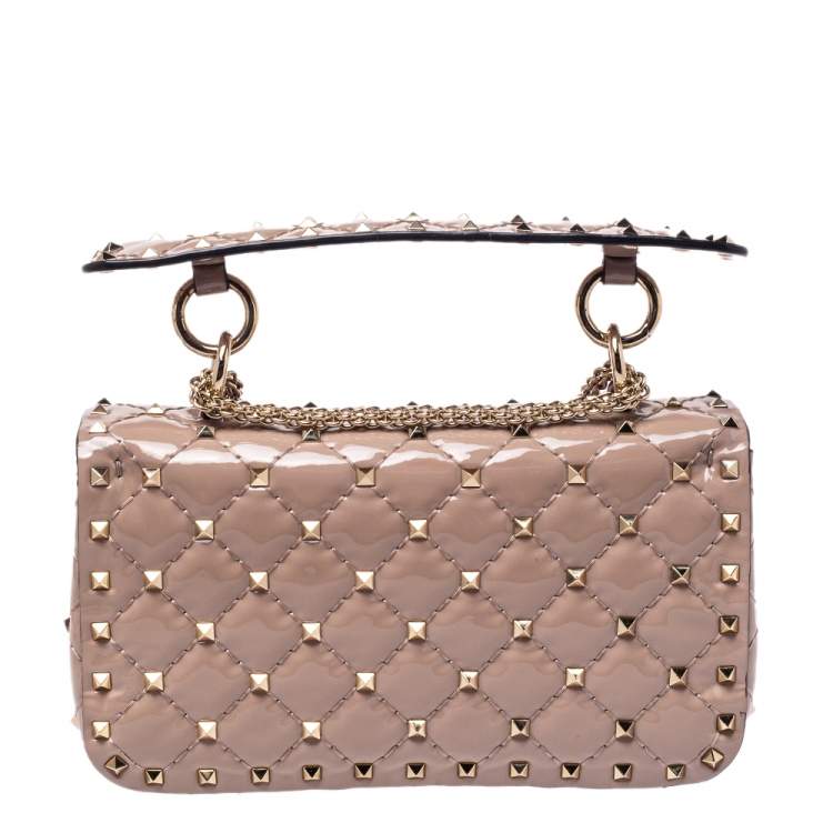 Pre Owned Valentino Nude Beige Patent Leather Rockstud Spike Top Handle Bag