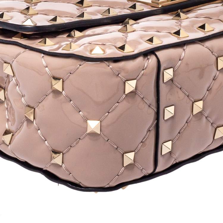 Pre Owned Valentino Nude Beige Patent Leather Rockstud Spike Top Handle Bag