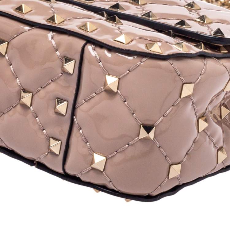 Pre Owned Valentino Nude Beige Patent Leather Rockstud Spike Top Handle Bag
