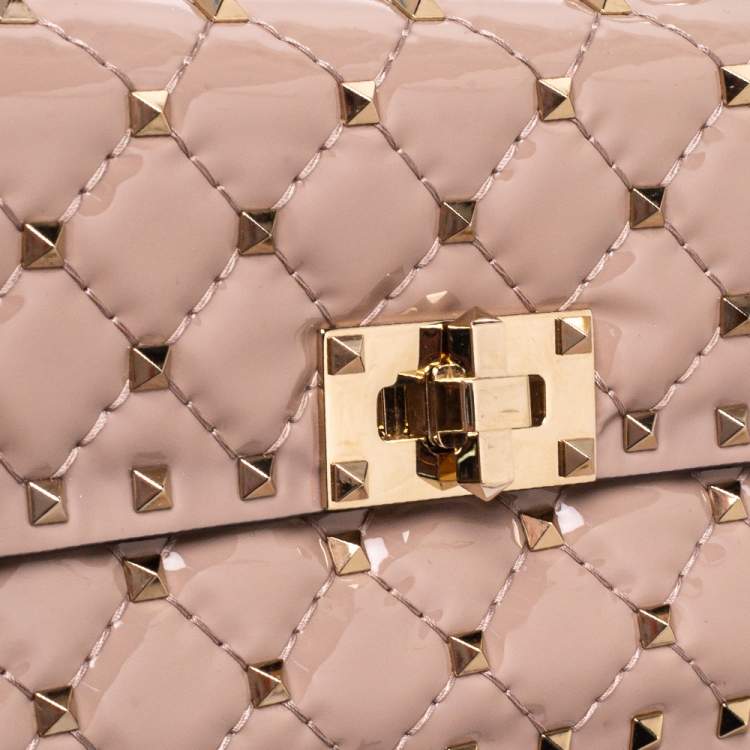 Pre Owned Valentino Nude Beige Patent Leather Rockstud Spike Top Handle Bag