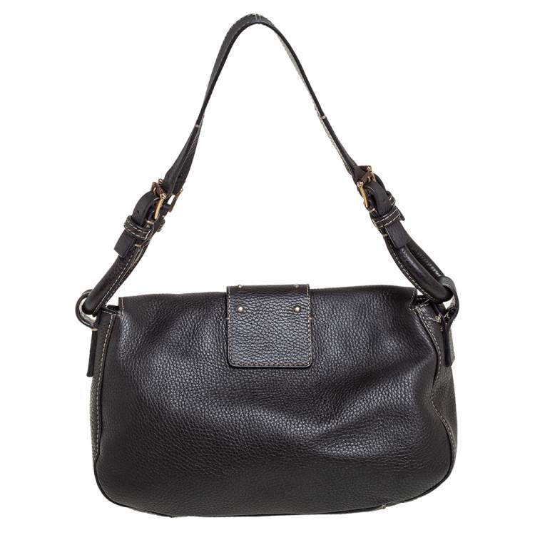 مملوكة مسبقًا Valentino Dark Brown Pebbled Leather VRing Flap Hobo