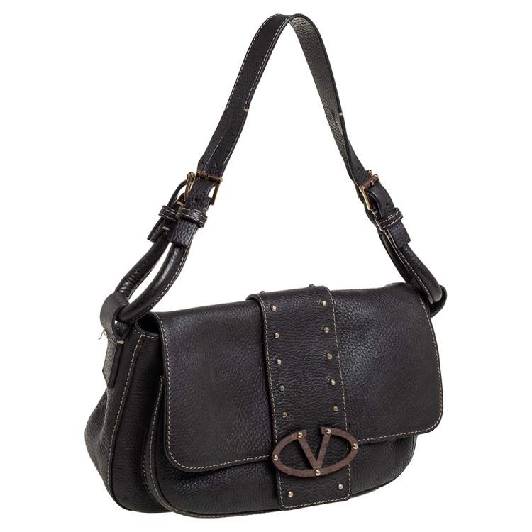 مملوكة مسبقًا Valentino Dark Brown Pebbled Leather VRing Flap Hobo