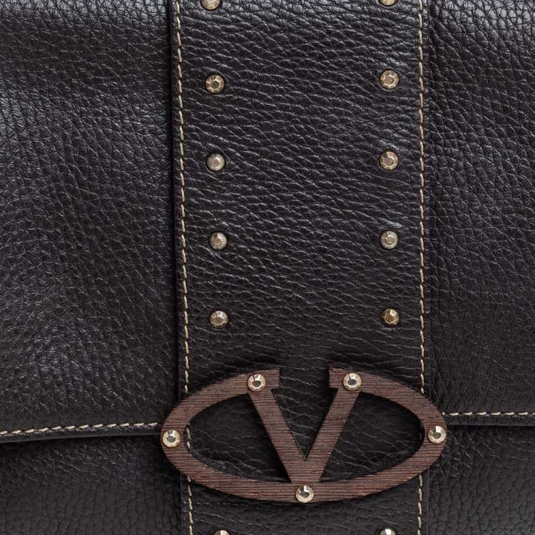 مملوكة مسبقًا Valentino Dark Brown Pebbled Leather VRing Flap Hobo