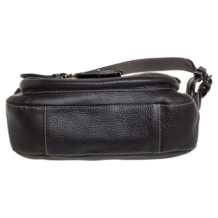 مملوكة مسبقًا Valentino Dark Brown Pebbled Leather VRing Flap Hobo