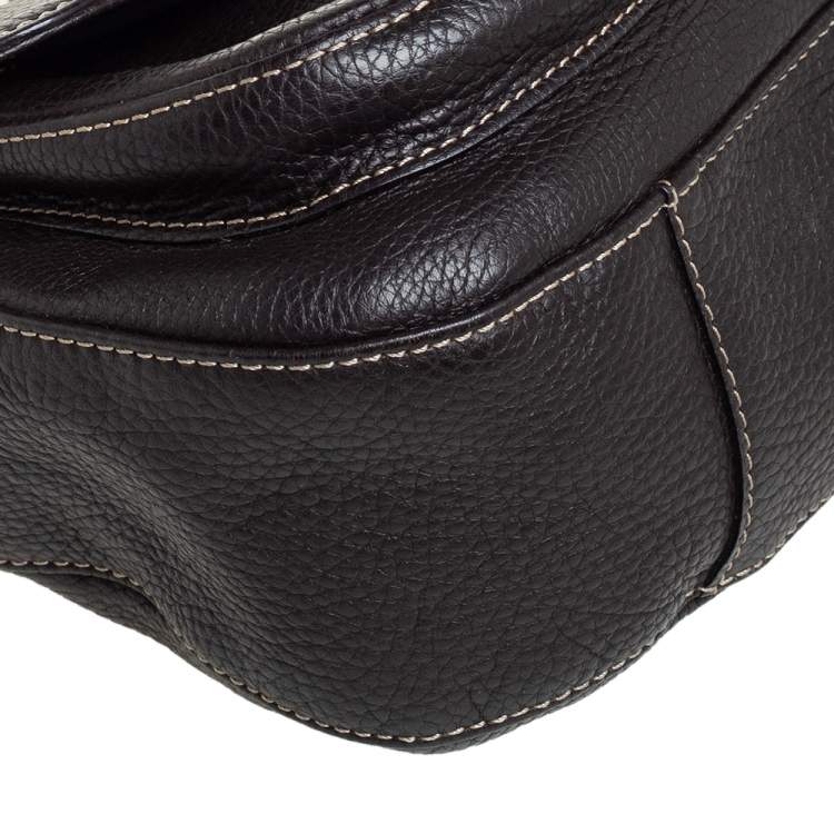 مملوكة مسبقًا Valentino Dark Brown Pebbled Leather VRing Flap Hobo