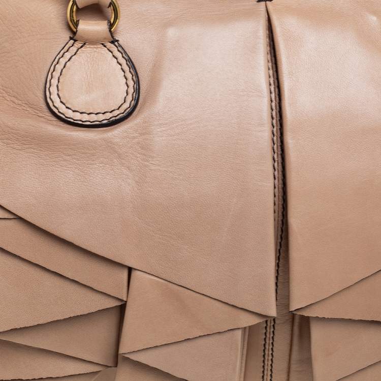Pre Owned Valentino Beige Leather Ruffle Bowling Bag