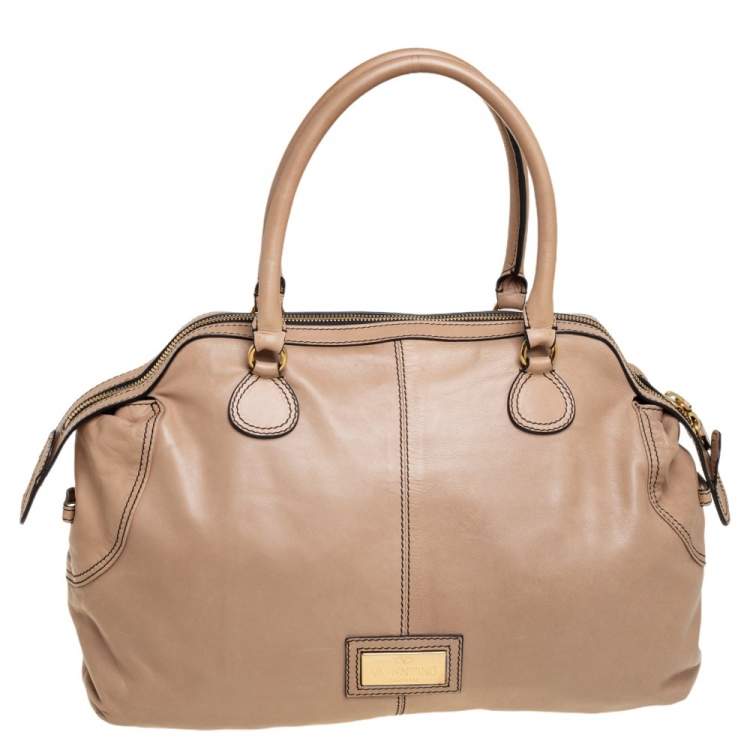 Pre Owned Valentino Beige Leather Ruffle Bowling Bag