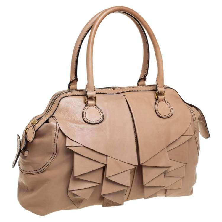 Pre Owned Valentino Beige Leather Ruffle Bowling Bag