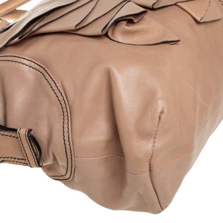 Pre Owned Valentino Beige Leather Ruffle Bowling Bag