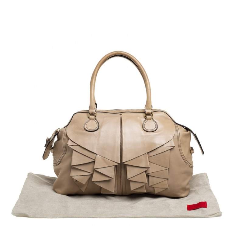 Pre Owned Valentino Beige Leather Ruffle Bowling Bag