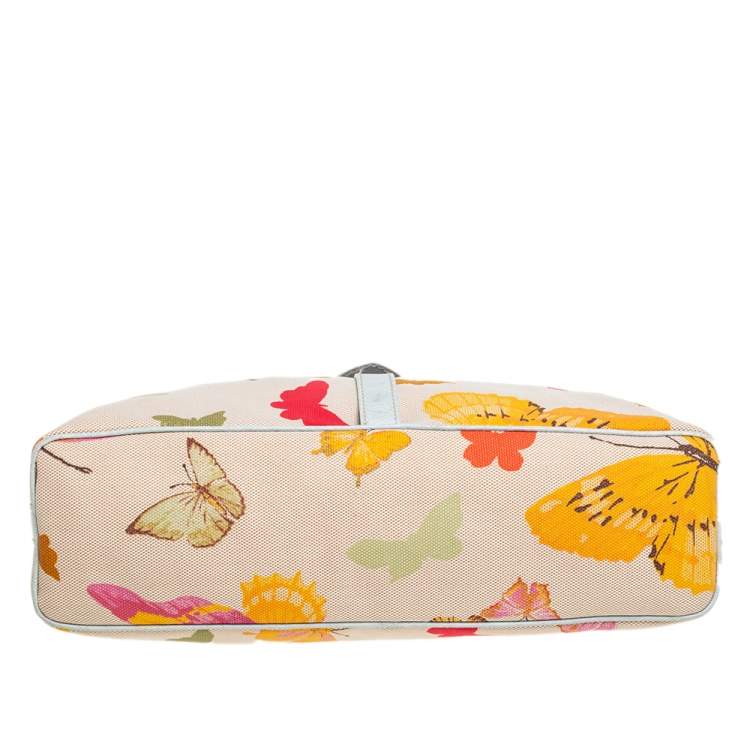 Pre Owned Valentino Multicolor Butterfly Print Canvas and Croc Embossed Leather Hobo