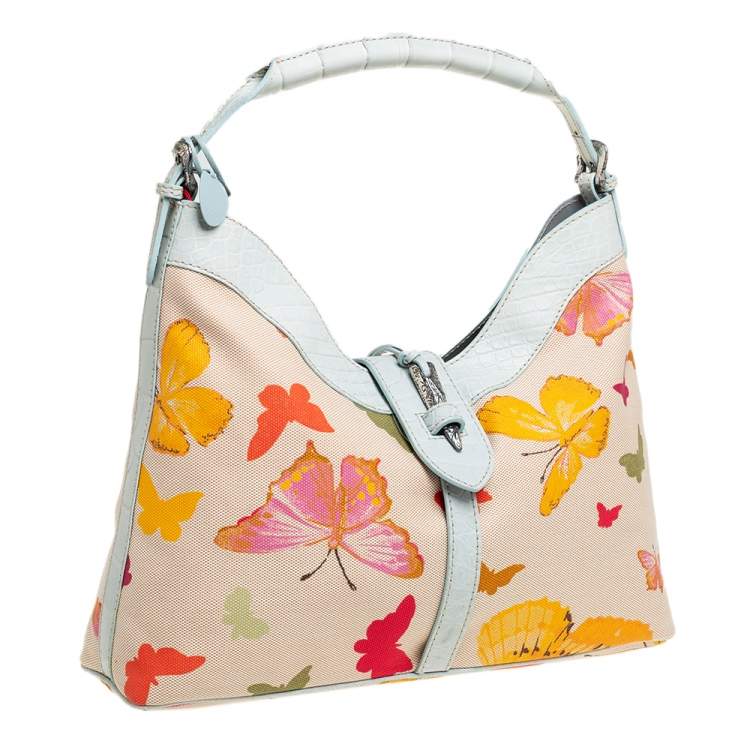 Pre Owned Valentino Multicolor Butterfly Print Canvas and Croc Embossed Leather Hobo