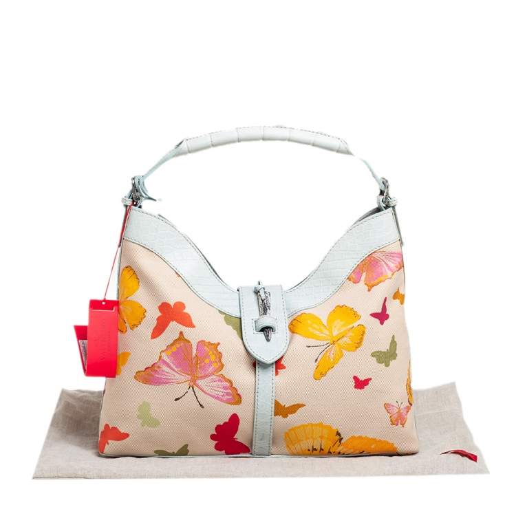Pre Owned Valentino Multicolor Butterfly Print Canvas and Croc Embossed Leather Hobo