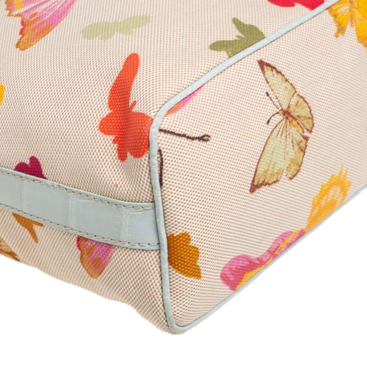 Pre Owned Valentino Multicolor Butterfly Print Canvas and Croc Embossed Leather Hobo