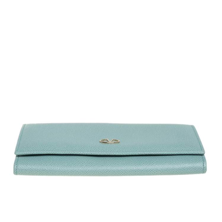 Pre Owned Valentino Light Green Leather V Ring Flap Continental Wallet 