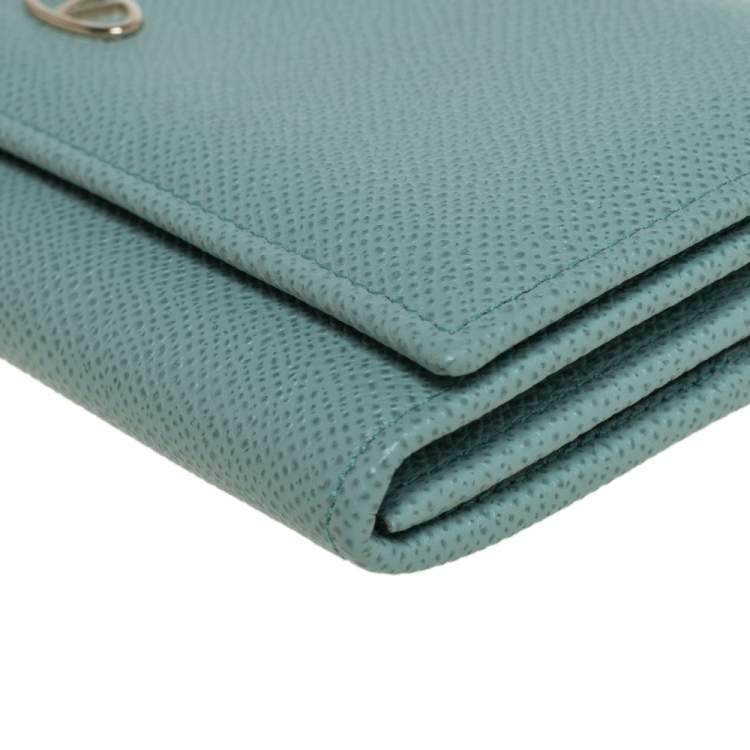 Pre Owned Valentino Light Green Leather V Ring Flap Continental Wallet 