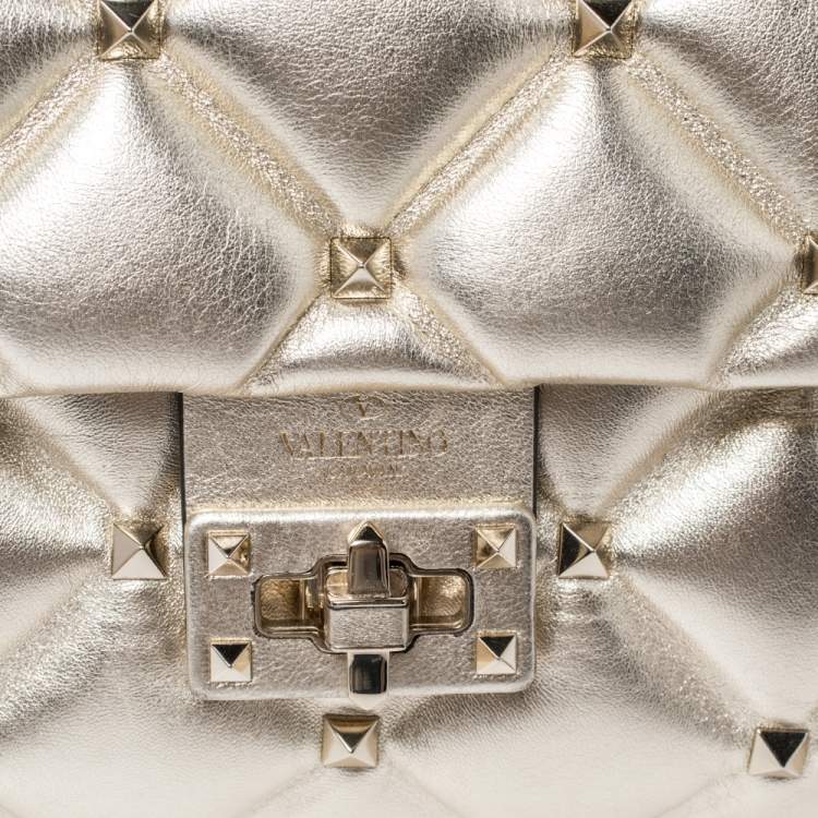 Pre Owned Valentino Gold Quilted Leather Medium Candystud Top Handle Bag