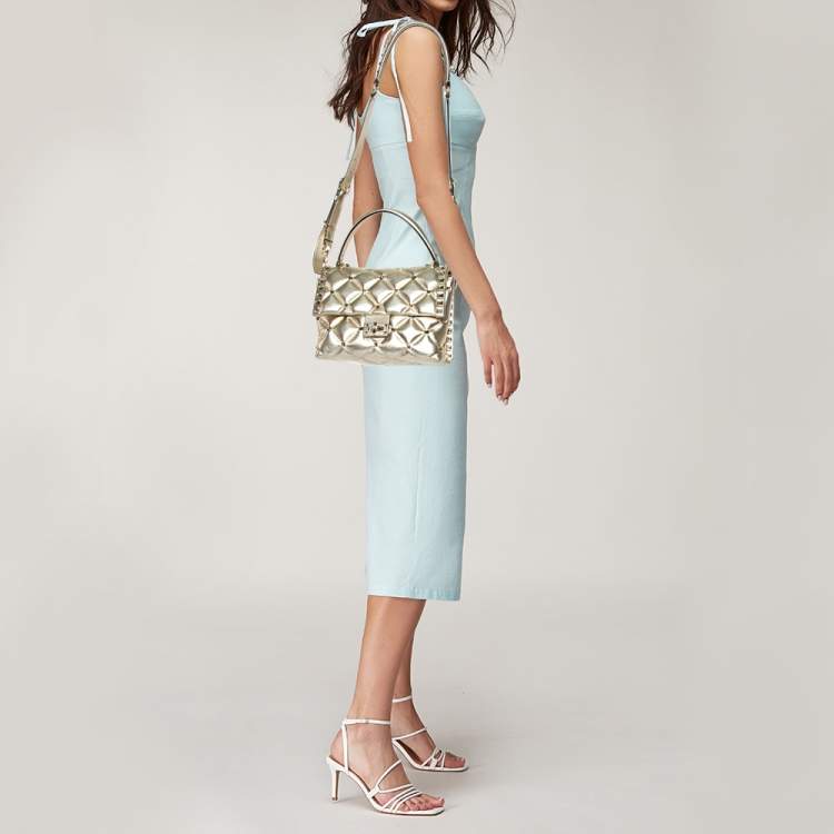 Pre Owned Valentino Gold Quilted Leather Medium Candystud Top Handle Bag