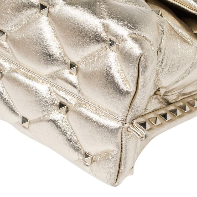 Pre Owned Valentino Gold Quilted Leather Medium Candystud Top Handle Bag