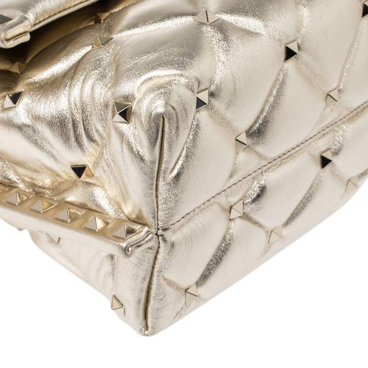 Pre Owned Valentino Gold Quilted Leather Medium Candystud Top Handle Bag