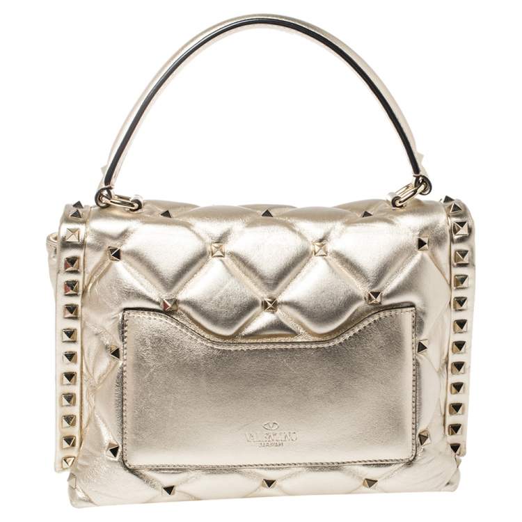 Pre Owned Valentino Gold Quilted Leather Medium Candystud Top Handle Bag