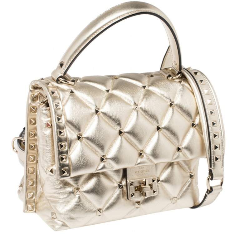 Pre Owned Valentino Gold Quilted Leather Medium Candystud Top Handle Bag