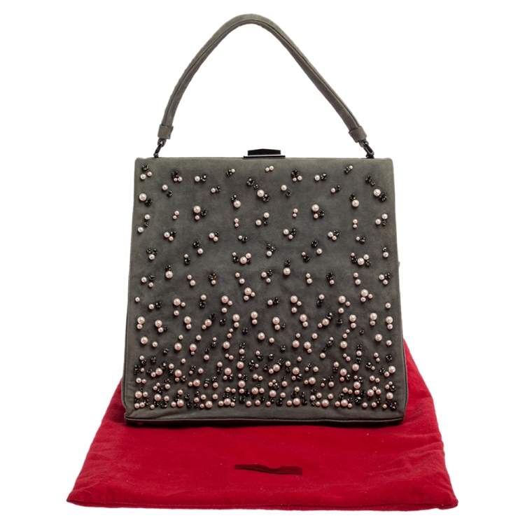 Pre Owned Valentino Grey Suede Crystal Embellished Frame Top Handle Bag