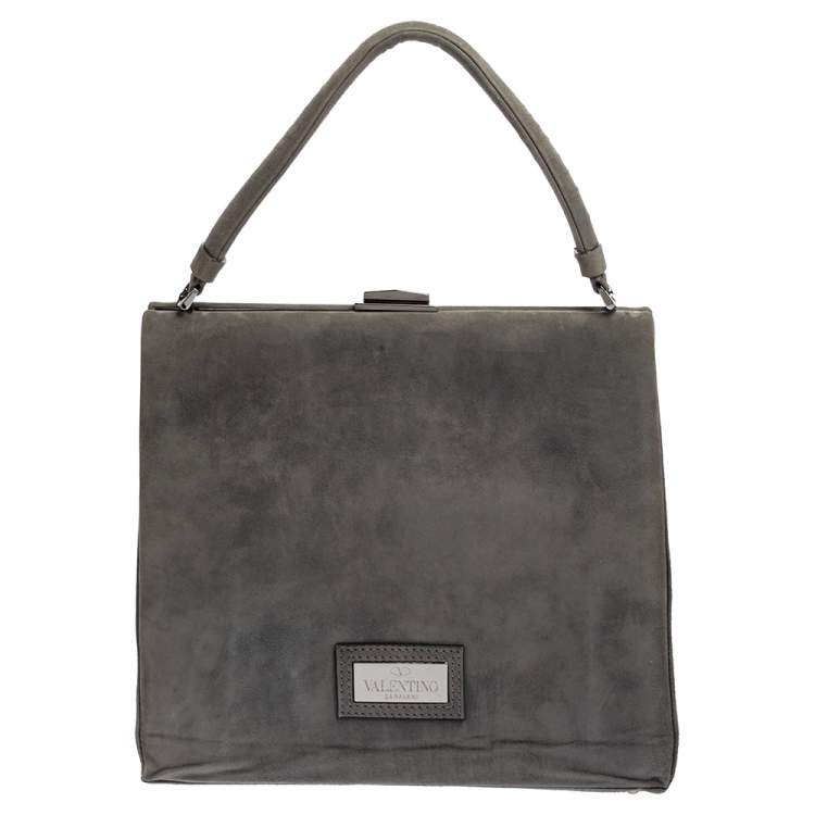 Pre Owned Valentino Grey Suede Crystal Embellished Frame Top Handle Bag