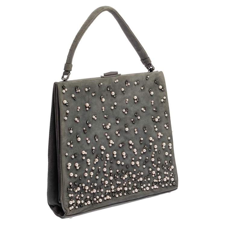 Pre Owned Valentino Grey Suede Crystal Embellished Frame Top Handle Bag