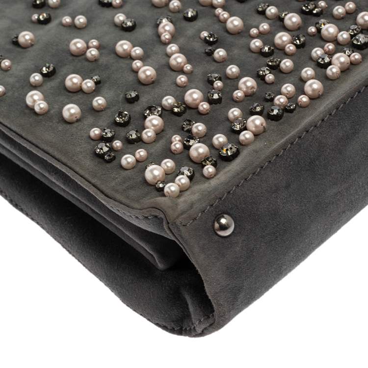 Pre Owned Valentino Grey Suede Crystal Embellished Frame Top Handle Bag