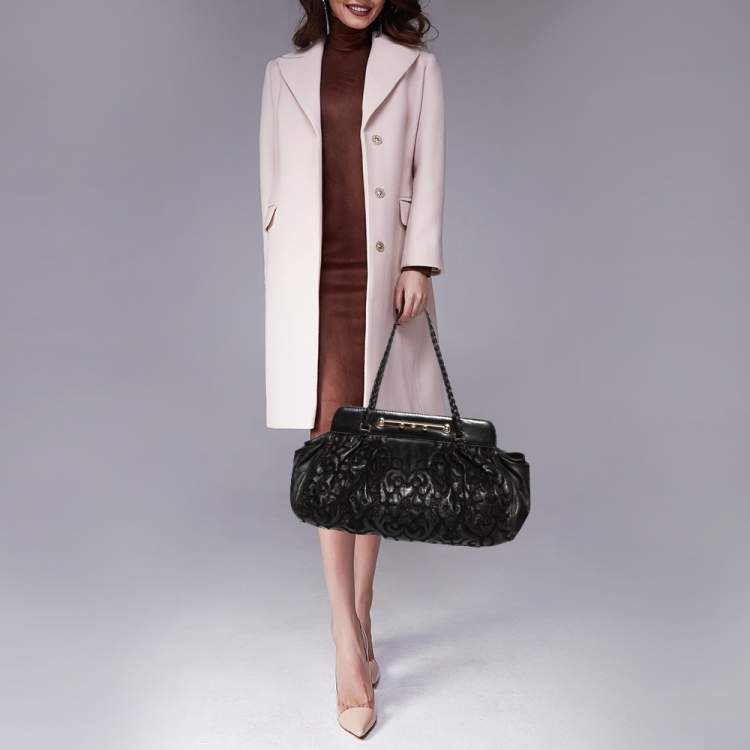 Pre Owned Valentino Black Leather Floral Embroidered Frame Satchel