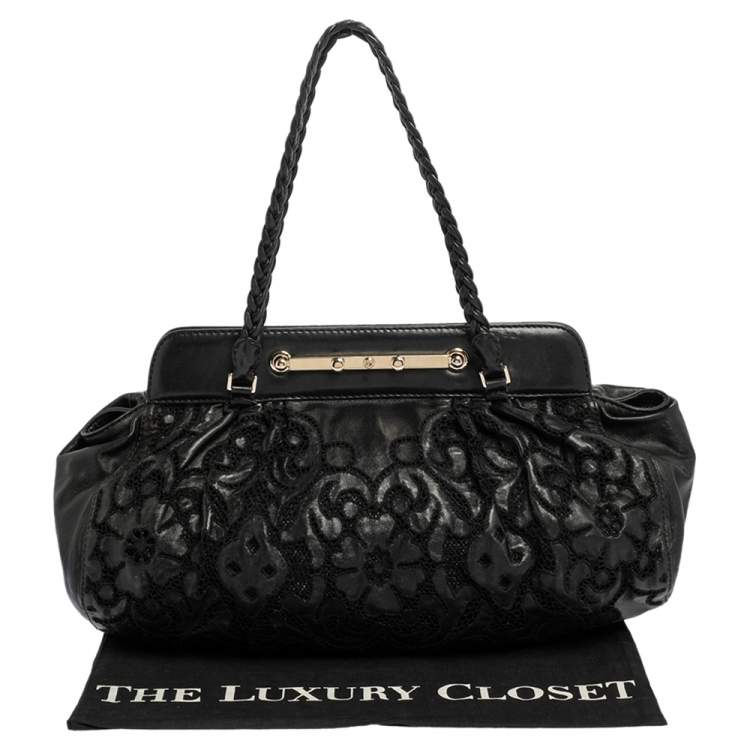Pre Owned Valentino Black Leather Floral Embroidered Frame Satchel