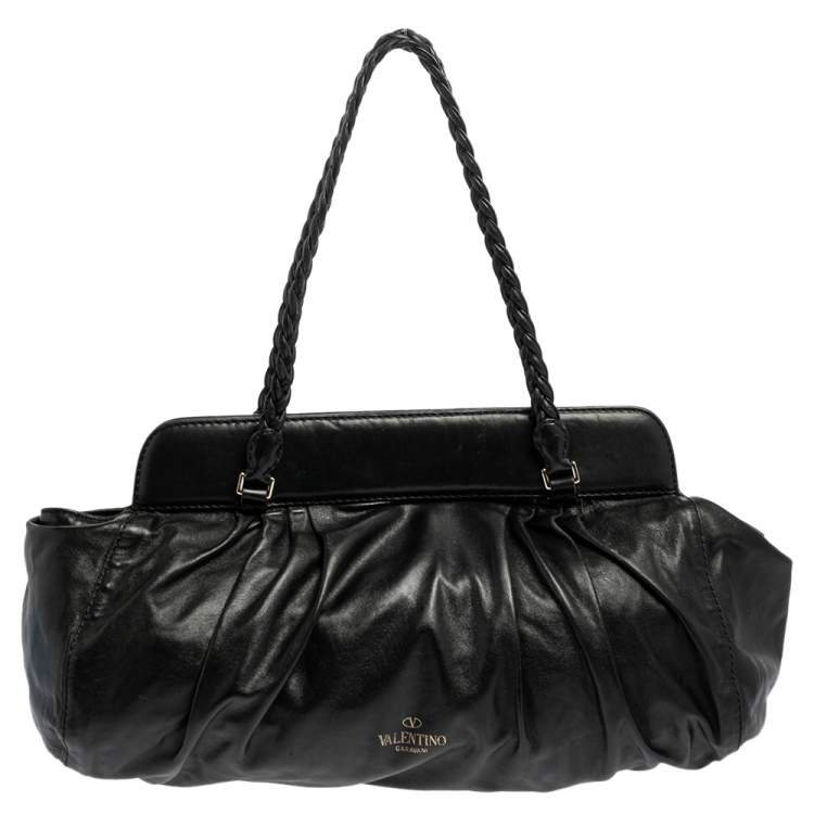 Pre Owned Valentino Black Leather Floral Embroidered Frame Satchel